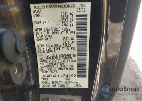 2011 Nissan Frontier Sv from USA, damaged, VIN 1N6AD0CW7BC424492